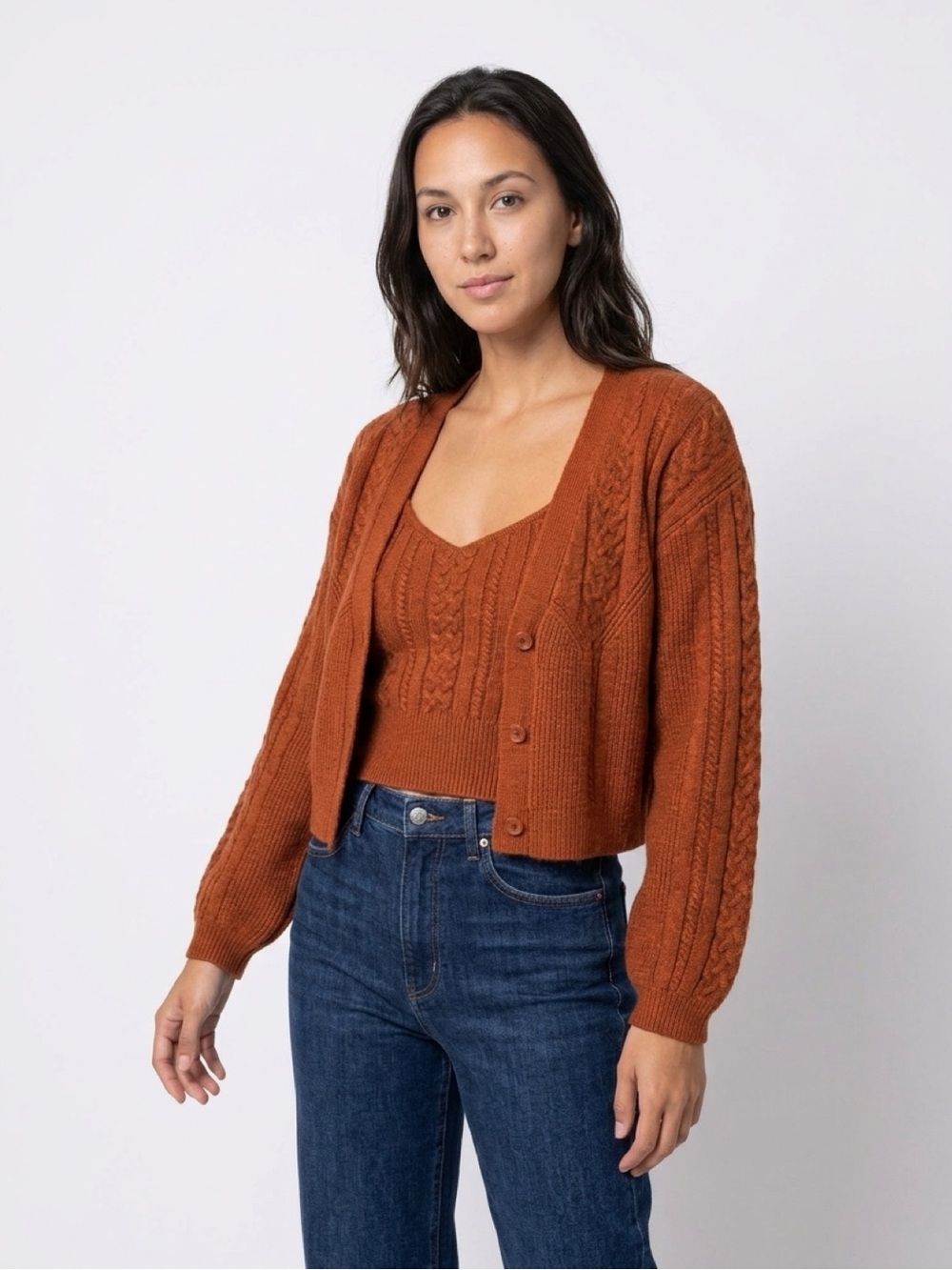 House of Harlow 1960 Rust Cable Knit Cardigan & Tank Set